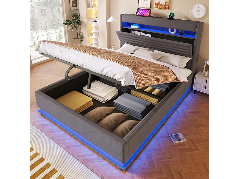 Cama con almacenaje tapizada - 140 x 200 cm - con USB + LED + suspensión hidráulica + cabecero abatible con almacenaje - lino - gris
