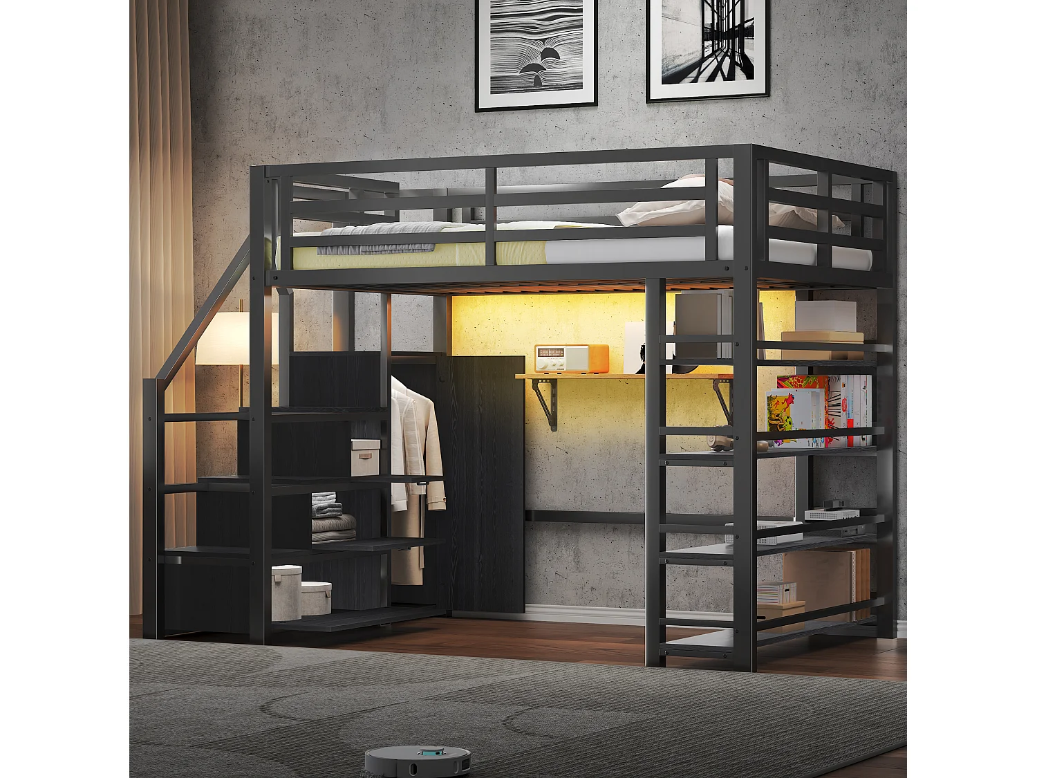 Lit mezzanine en métal pour enfant - 140 x 200 cm - avec étagère de rangement + armoire + escalier de rangement + Leds - noir