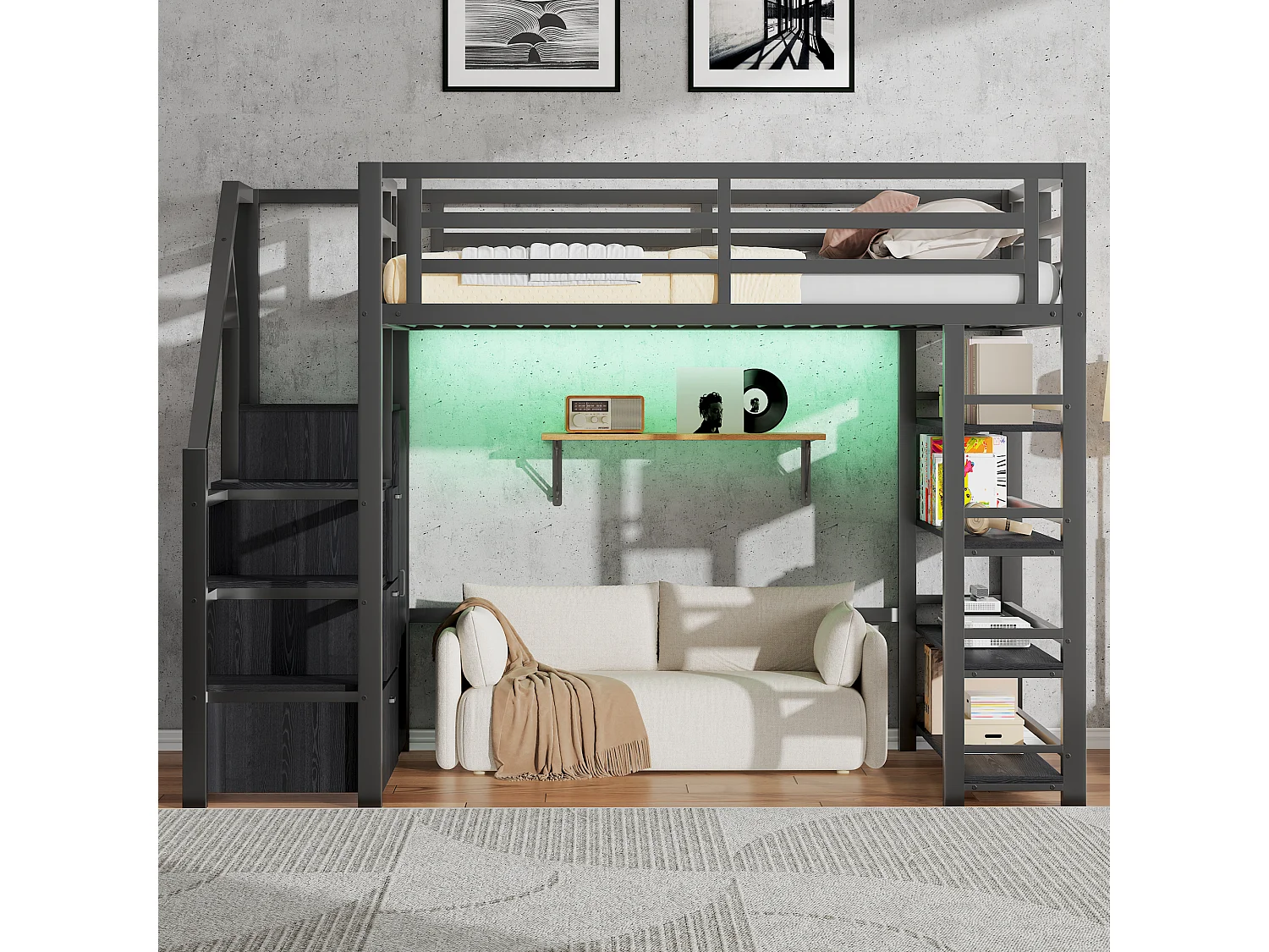 Lit mezzanine en métal pour enfant - 140 x 200 cm - avec étagère de rangement + armoire + escalier de rangement + Leds - noir