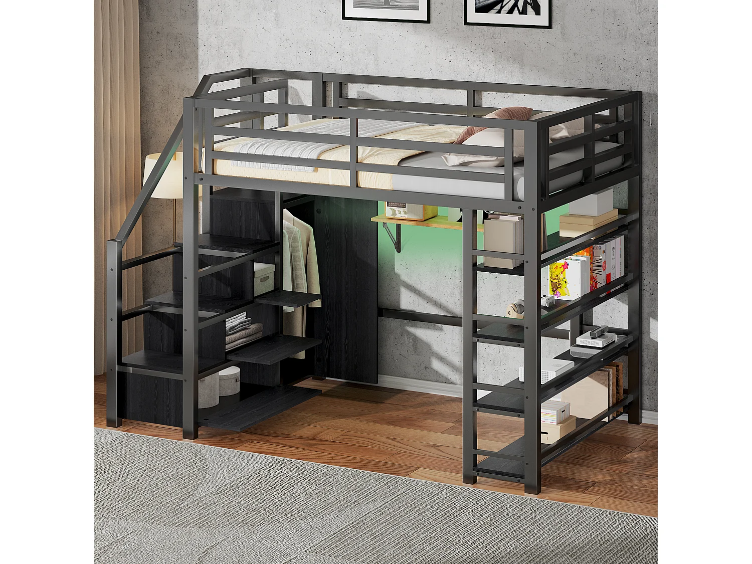 Lit mezzanine en métal pour enfant - 140 x 200 cm - avec étagère de rangement + armoire + escalier de rangement + Leds - noir