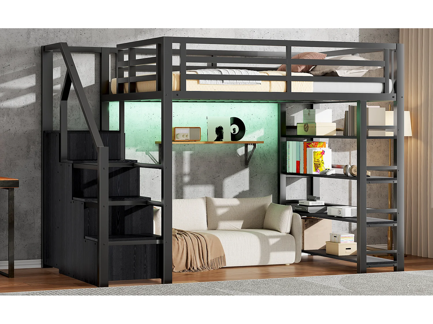 Lit mezzanine en métal pour enfant - 140 x 200 cm - avec étagère de rangement + armoire + escalier de rangement + Leds - noir