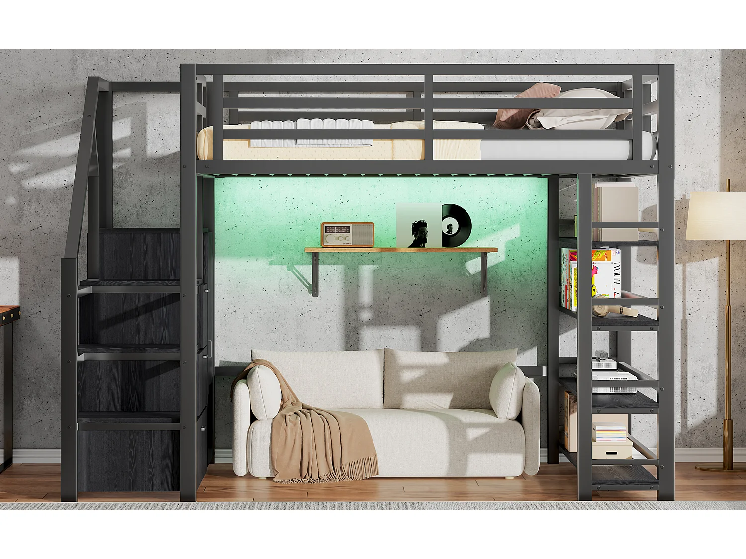 Lit mezzanine en métal pour enfant - 140 x 200 cm - avec étagère de rangement + armoire + escalier de rangement + Leds - noir