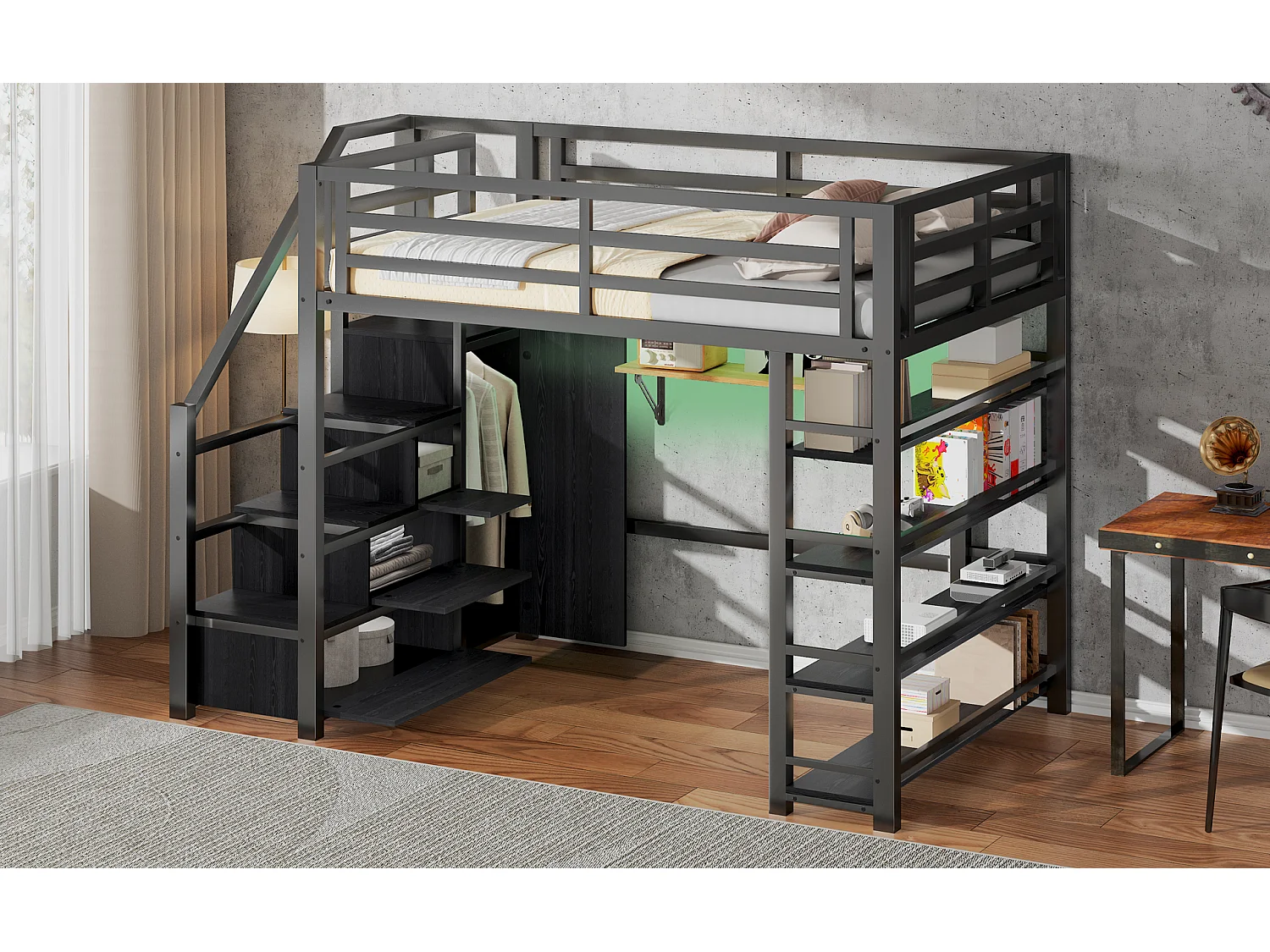 Lit mezzanine en métal pour enfant - 140 x 200 cm - avec étagère de rangement + armoire + escalier de rangement + Leds - noir