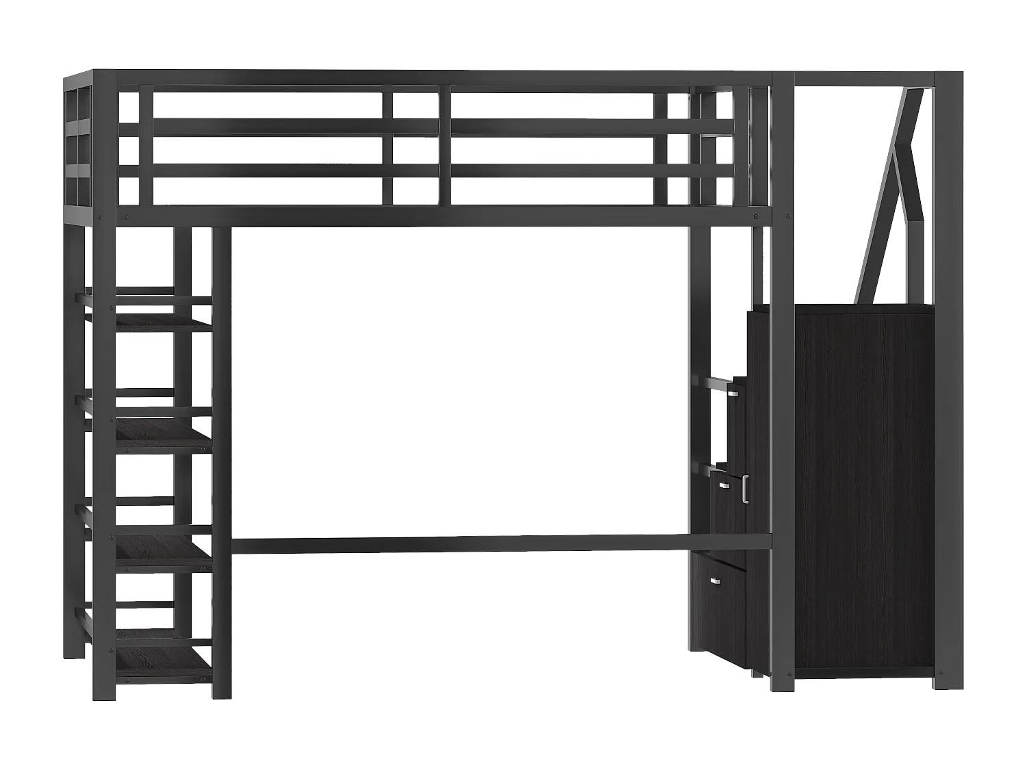 Lit mezzanine en métal pour enfant - 140 x 200 cm - avec étagère de rangement + armoire + escalier de rangement + Leds - noir