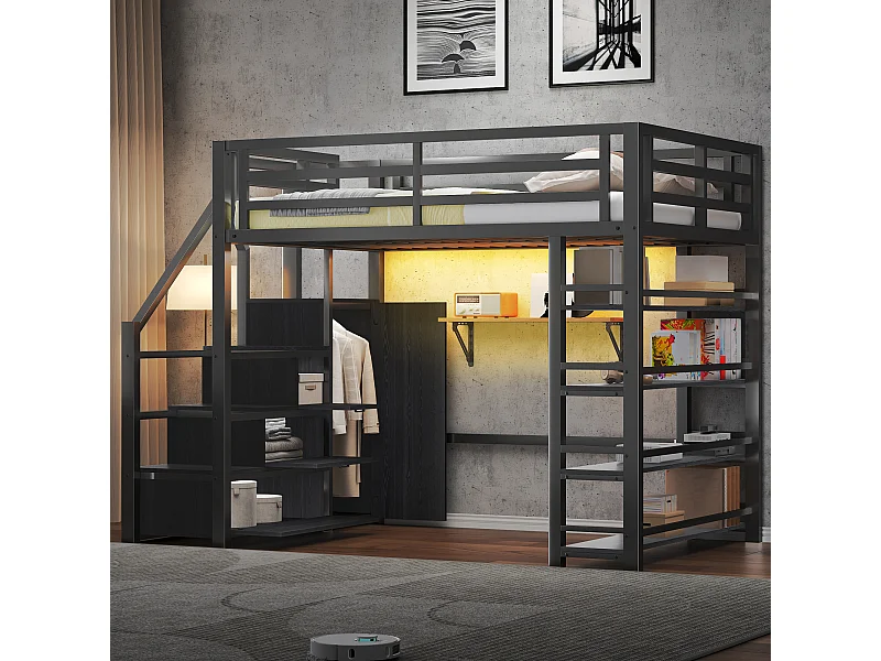 Lit mezzanine en métal pour enfant - 140 x 200 cm - avec étagère de rangement + armoire + escalier de rangement + Leds - noir