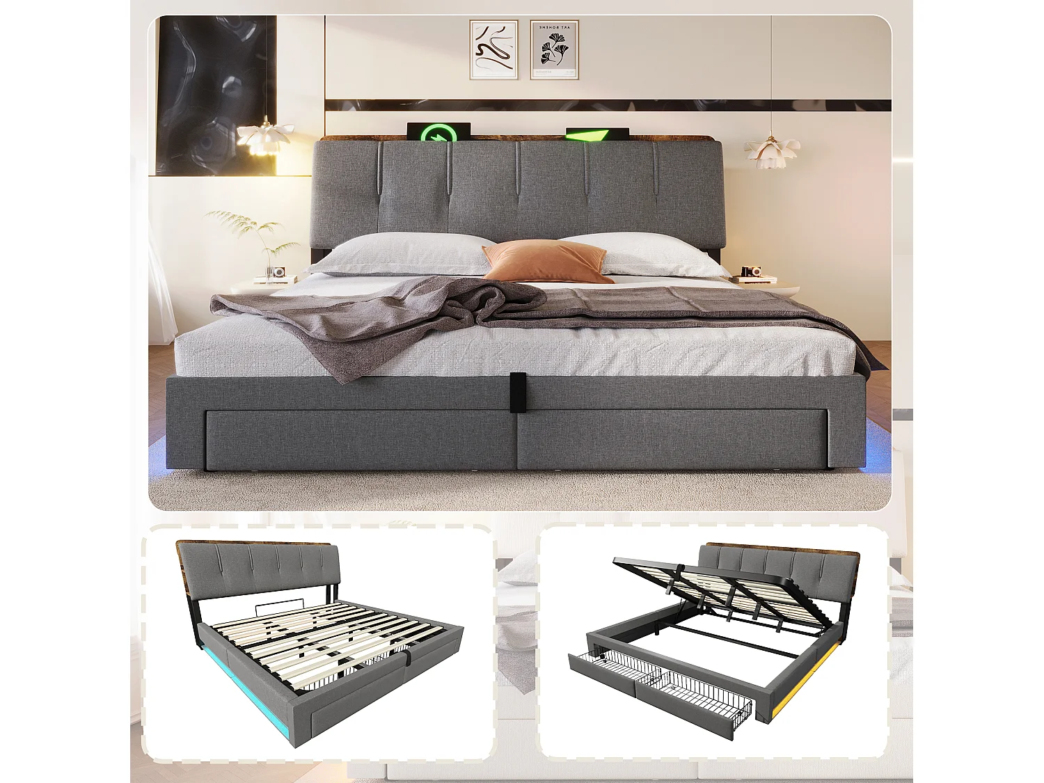 Lit coffre capitonné - 180 x 200 cm - suspension hydraulique - ave USB + Leds + 2 tiroirs + tête de lit - lin - gris