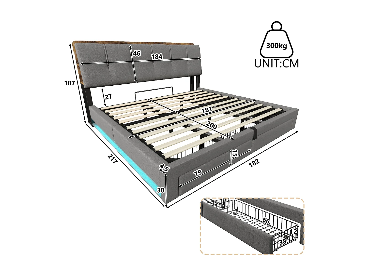 Lit coffre capitonné - 180 x 200 cm - suspension hydraulique - ave USB + Leds + 2 tiroirs + tête de lit - lin - gris