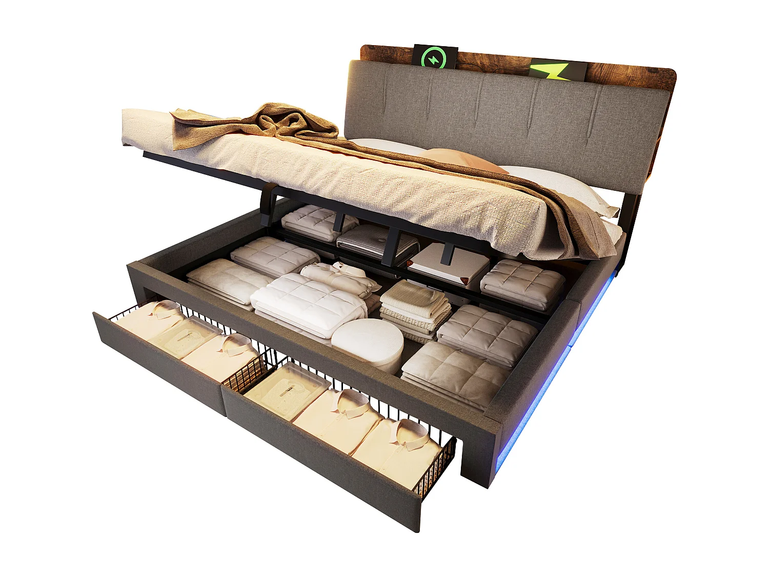 Lit coffre capitonné - 180 x 200 cm - suspension hydraulique - ave USB + Leds + 2 tiroirs + tête de lit - lin - gris