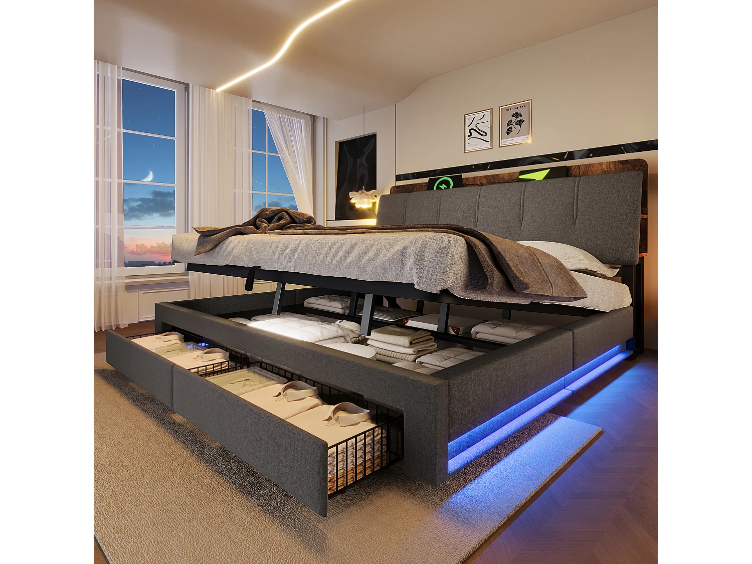 Lit coffre capitonné - 180 x 200 cm - suspension hydraulique - ave USB + Leds + 2 tiroirs + tête de lit - lin - gris