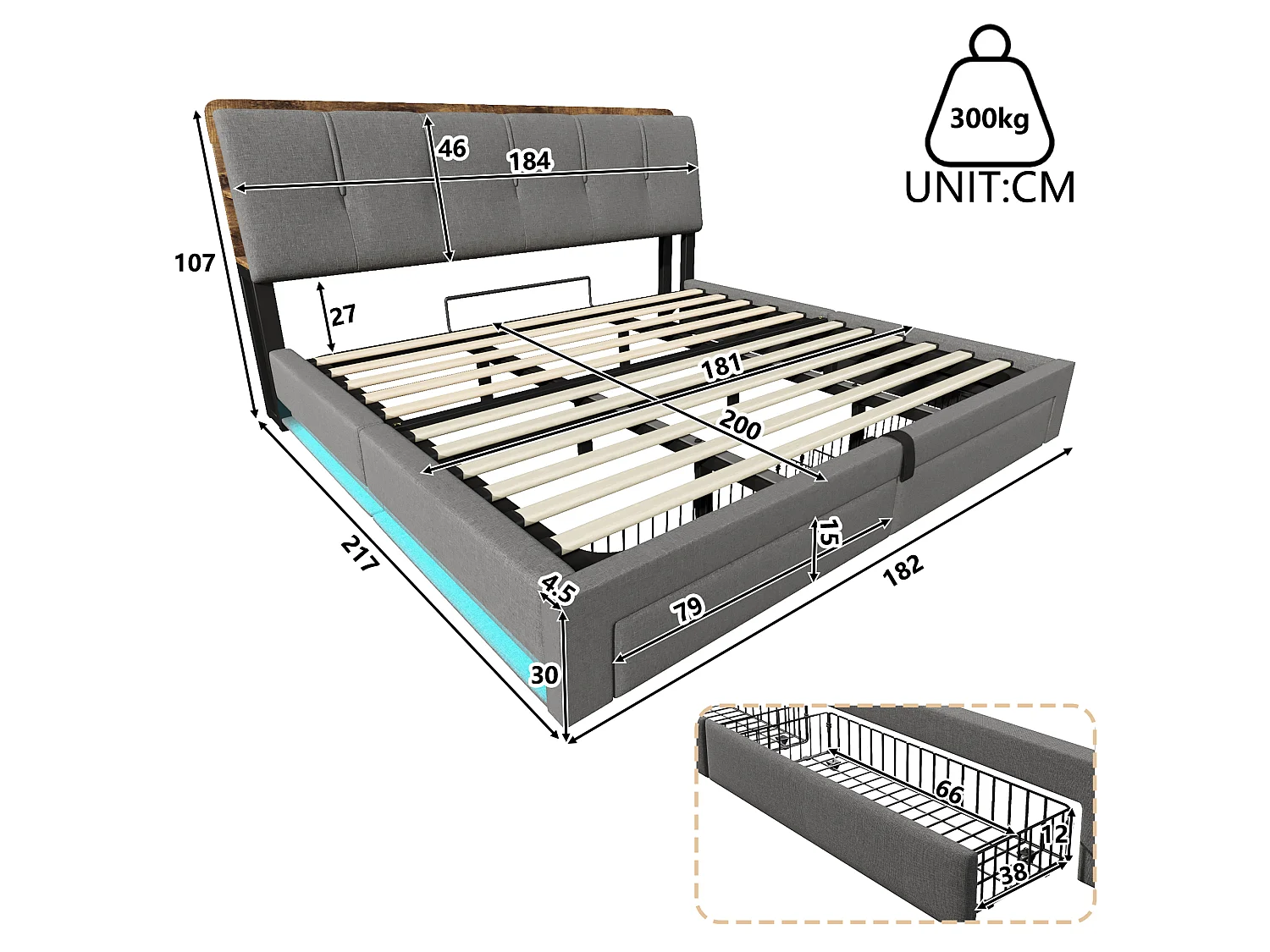 Lit coffre capitonné - 180 x 200 cm - suspension hydraulique - ave USB + Leds + 2 tiroirs + tête de lit - lin - gris
