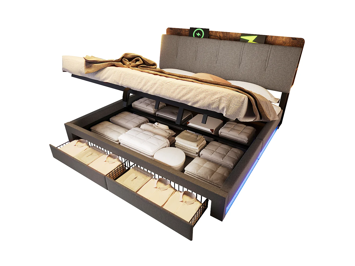 Lit coffre capitonné - 180 x 200 cm - suspension hydraulique - ave USB + Leds + 2 tiroirs + tête de lit - lin - gris