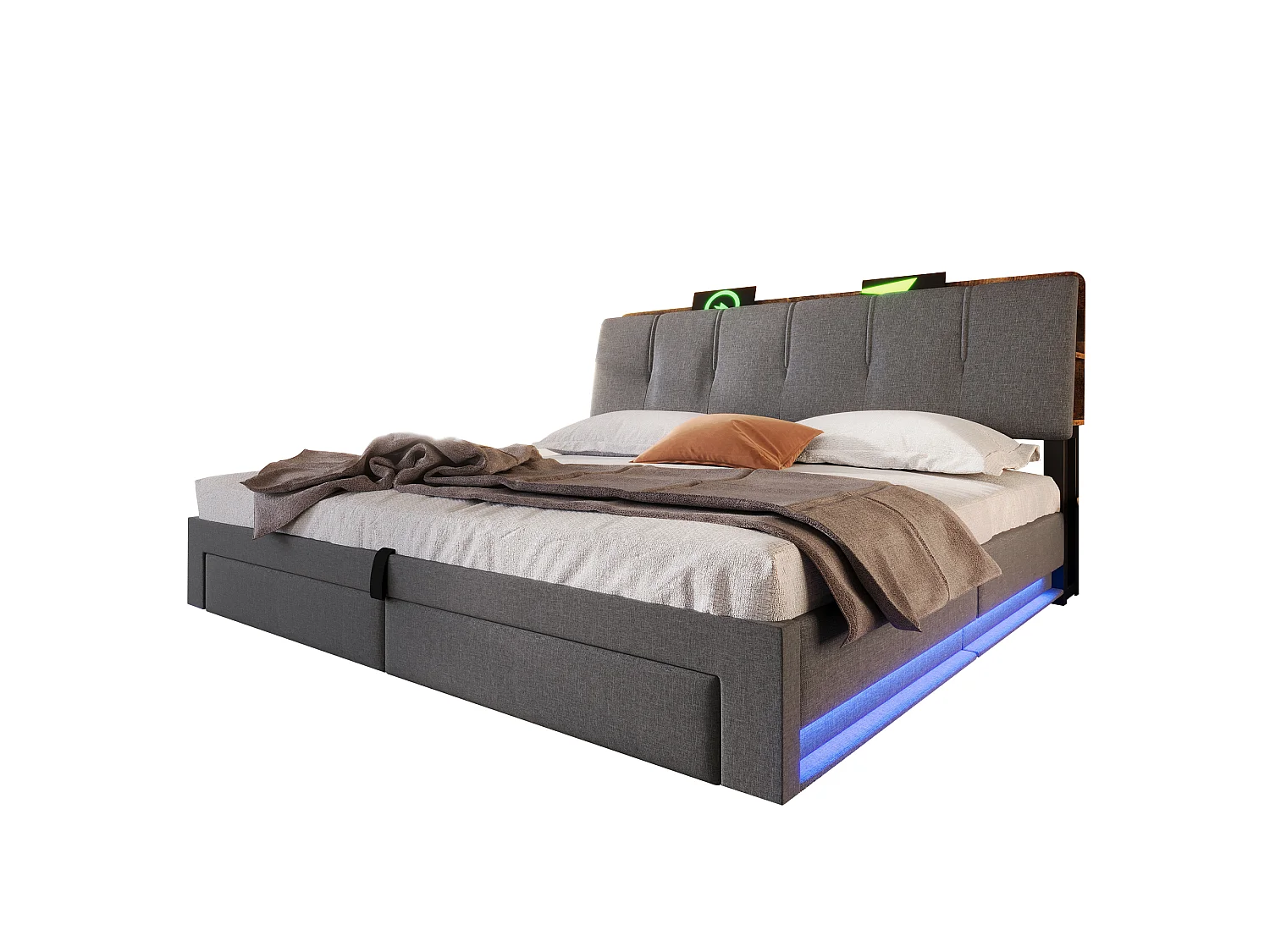 Lit coffre capitonné - 180 x 200 cm - suspension hydraulique - ave USB + Leds + 2 tiroirs + tête de lit - lin - gris