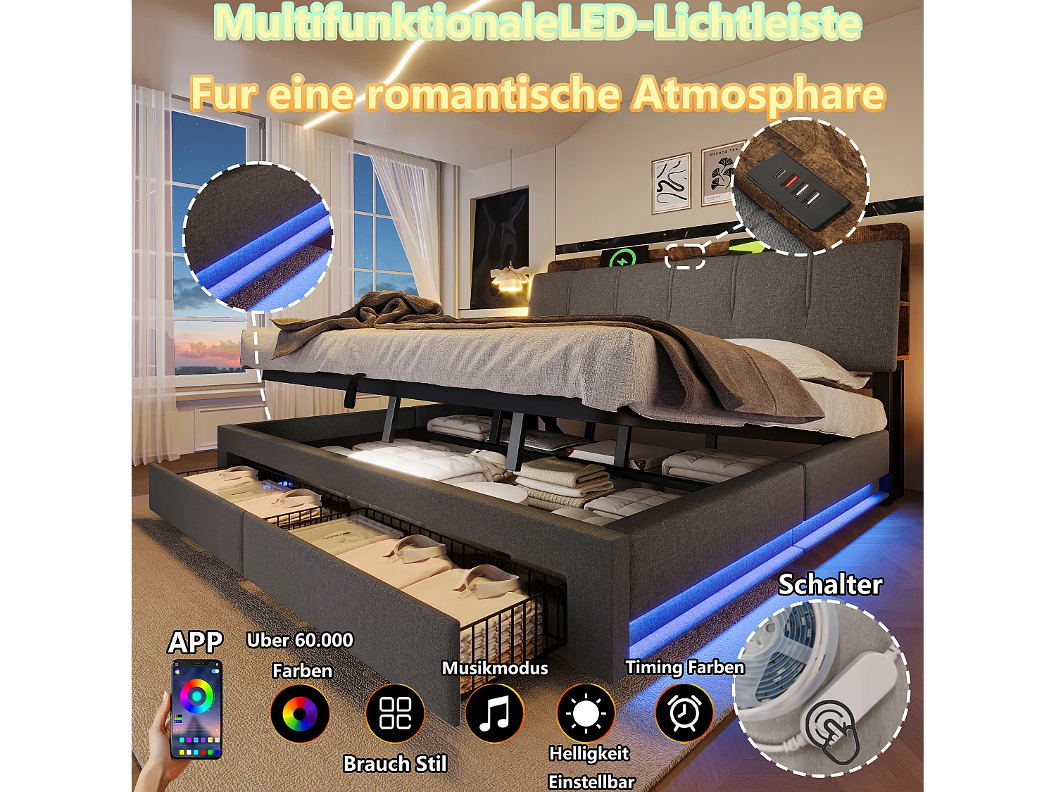 Lit coffre capitonné - 180 x 200 cm - suspension hydraulique - ave USB + Leds + 2 tiroirs + tête de lit - lin - gris