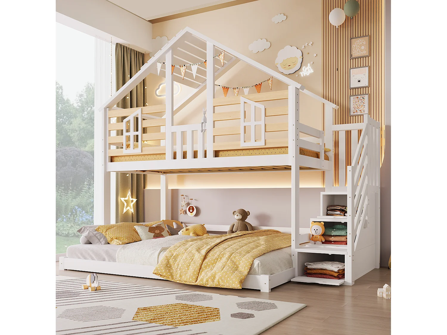 Lit superposé enfant - 90 x 200cm + 140 x 200 cm - avec escalier de rangement + fenêtres - design maison - bois - blanc et naturel