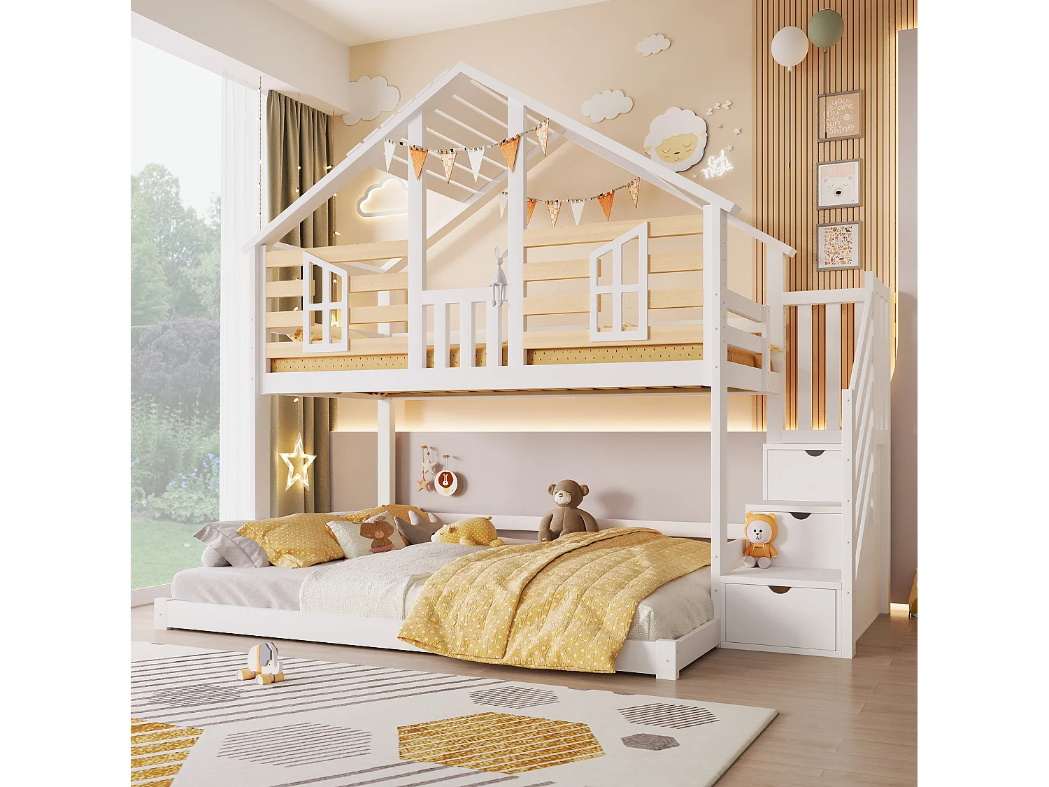 Lit superposé enfant - 90 x 200cm + 140 x 200 cm - avec escalier de rangement + fenêtres - design maison - bois - blanc et naturel