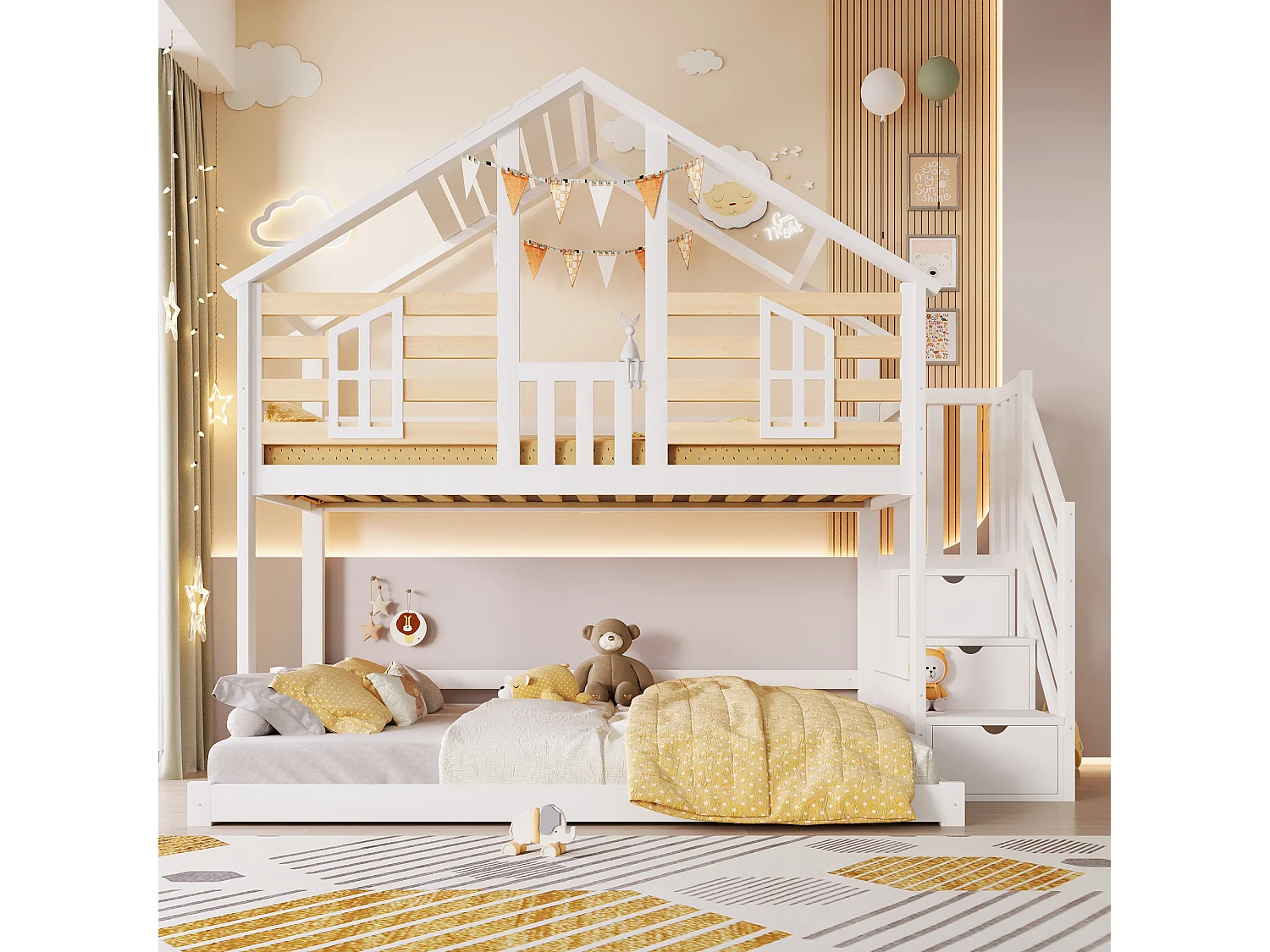 Lit superposé enfant - 90 x 200cm + 140 x 200 cm - avec escalier de rangement + fenêtres - design maison - bois - blanc et naturel
