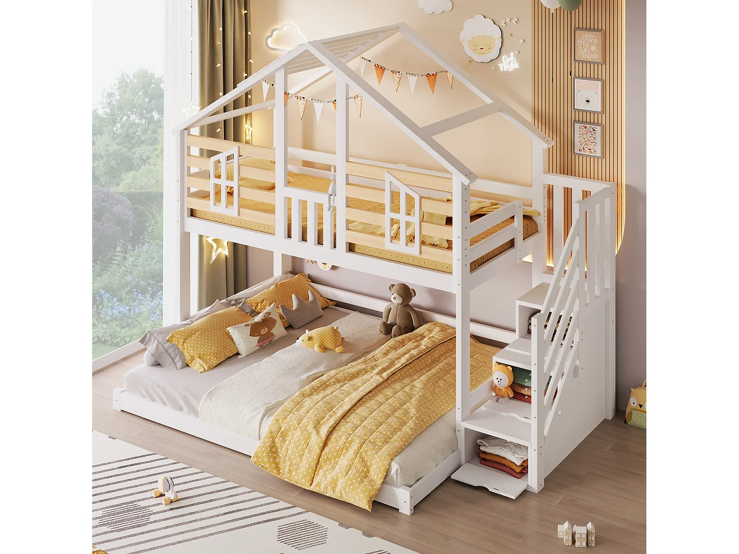 Lit superposé enfant - 90 x 200cm + 140 x 200 cm - avec escalier de rangement + fenêtres - design maison - bois - blanc et naturel