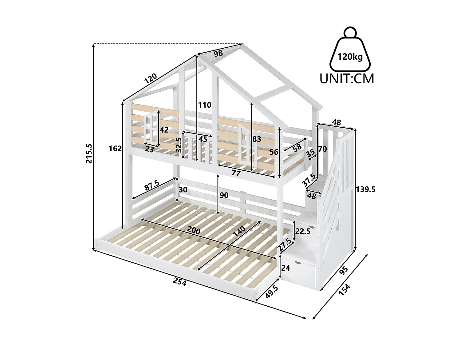 Lit superposé enfant - 90 x 200cm + 140 x 200 cm - avec escalier de rangement + fenêtres - design maison - bois - blanc et naturel