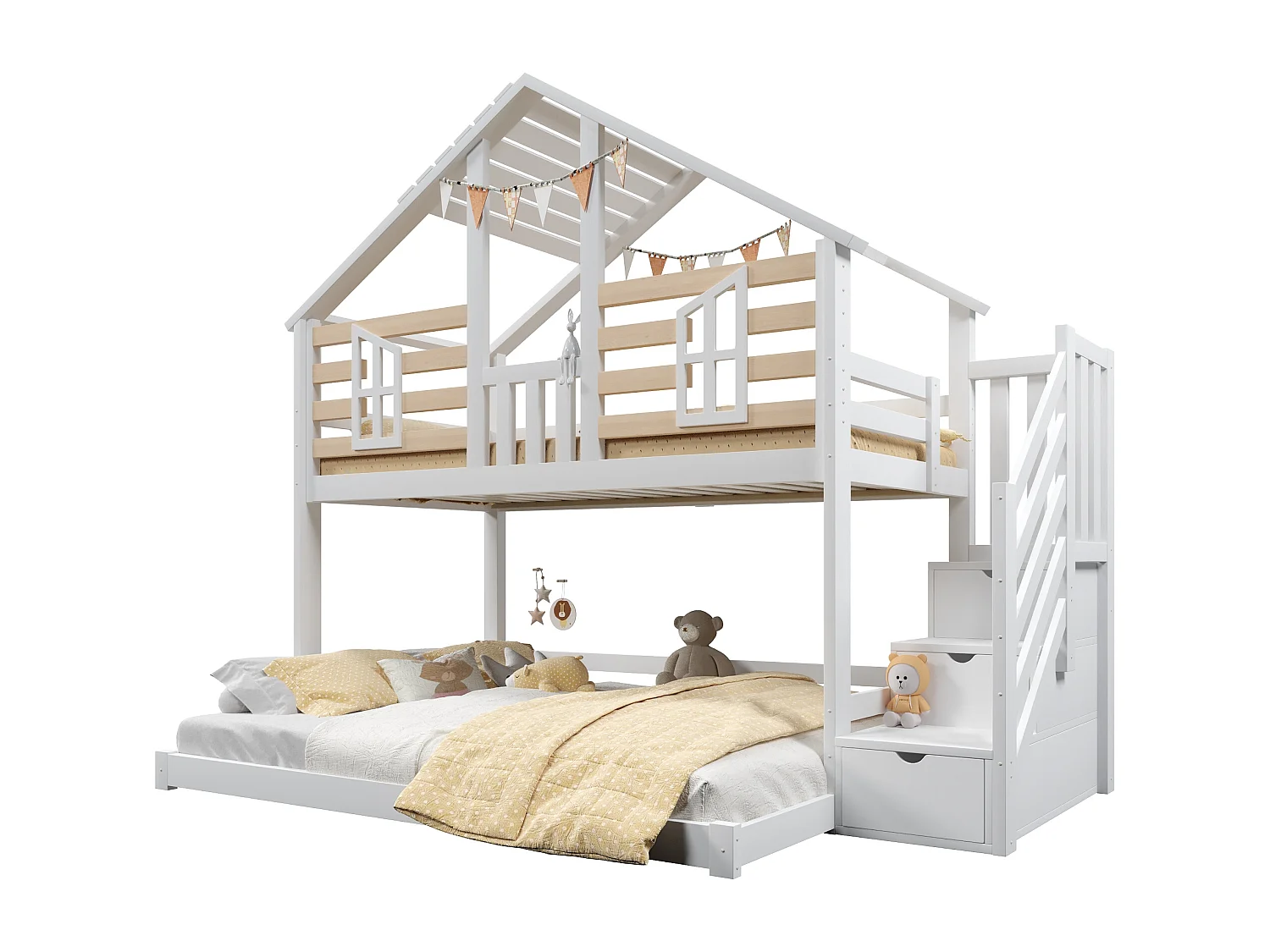 Lit superposé enfant - 90 x 200cm + 140 x 200 cm - avec escalier de rangement + fenêtres - design maison - bois - blanc et naturel