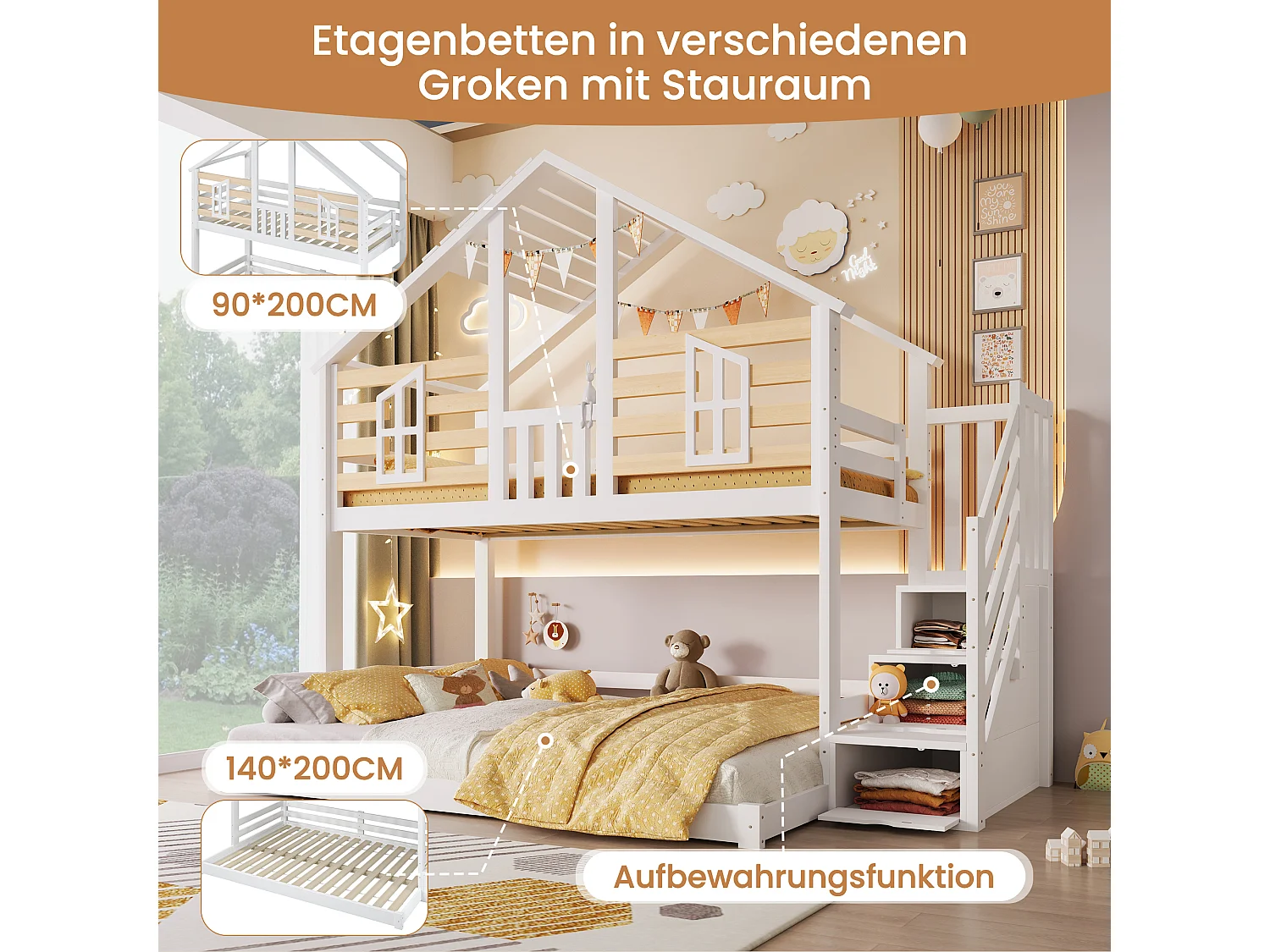 Lit superposé enfant - 90 x 200cm + 140 x 200 cm - avec escalier de rangement + fenêtres - design maison - bois - blanc et naturel