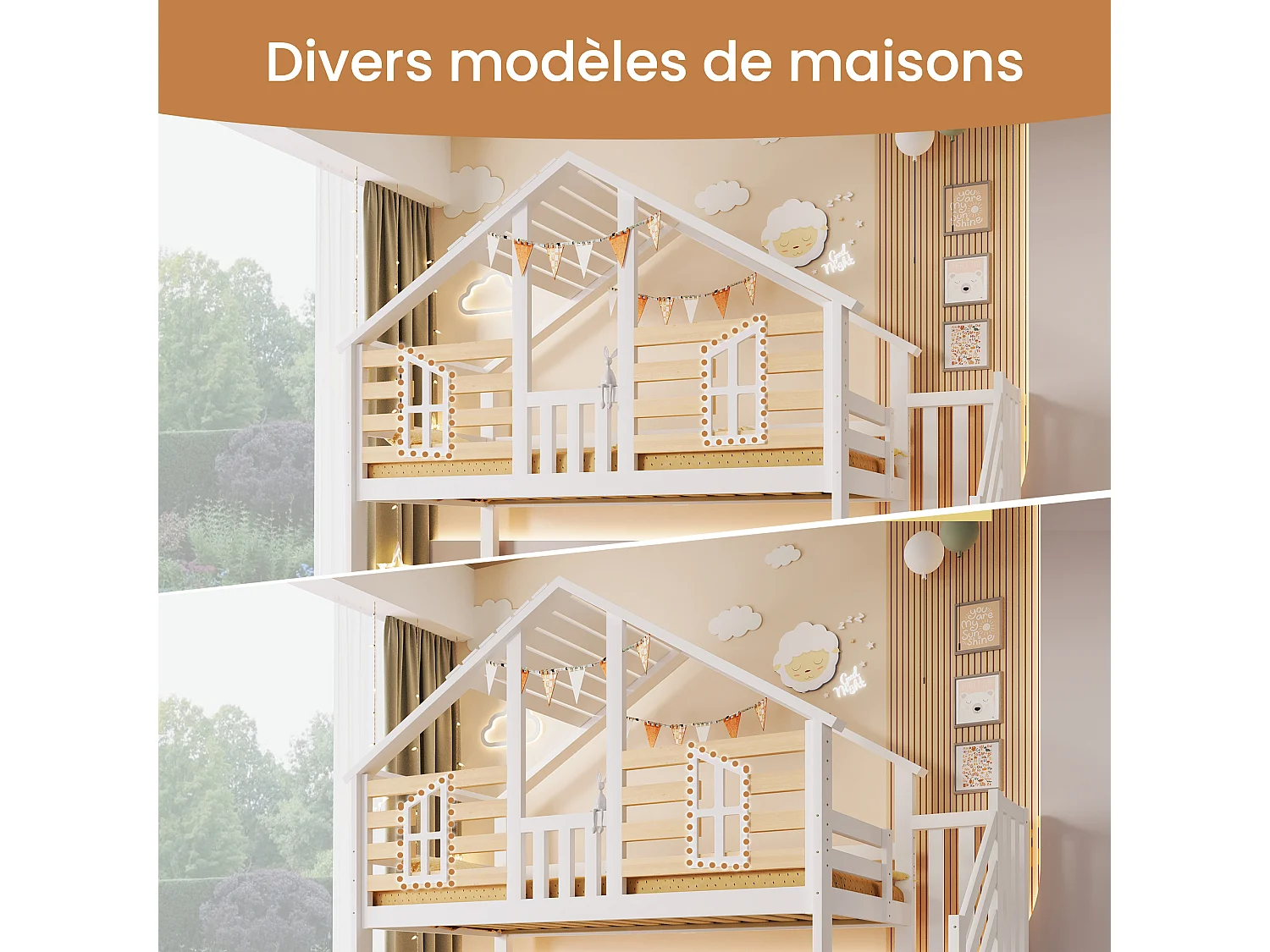 Lit superposé enfant - 90 x 200cm + 140 x 200 cm - avec escalier de rangement + fenêtres - design maison - bois - blanc et naturel