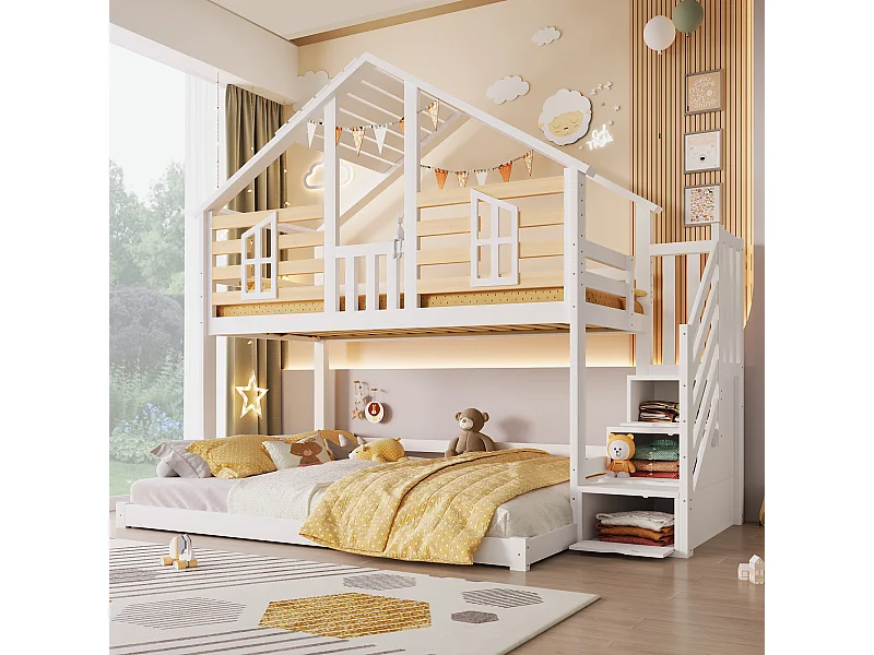 Lit superposé enfant - 90 x 200cm + 140 x 200 cm - avec escalier de rangement + fenêtres - design maison - bois - blanc et naturel