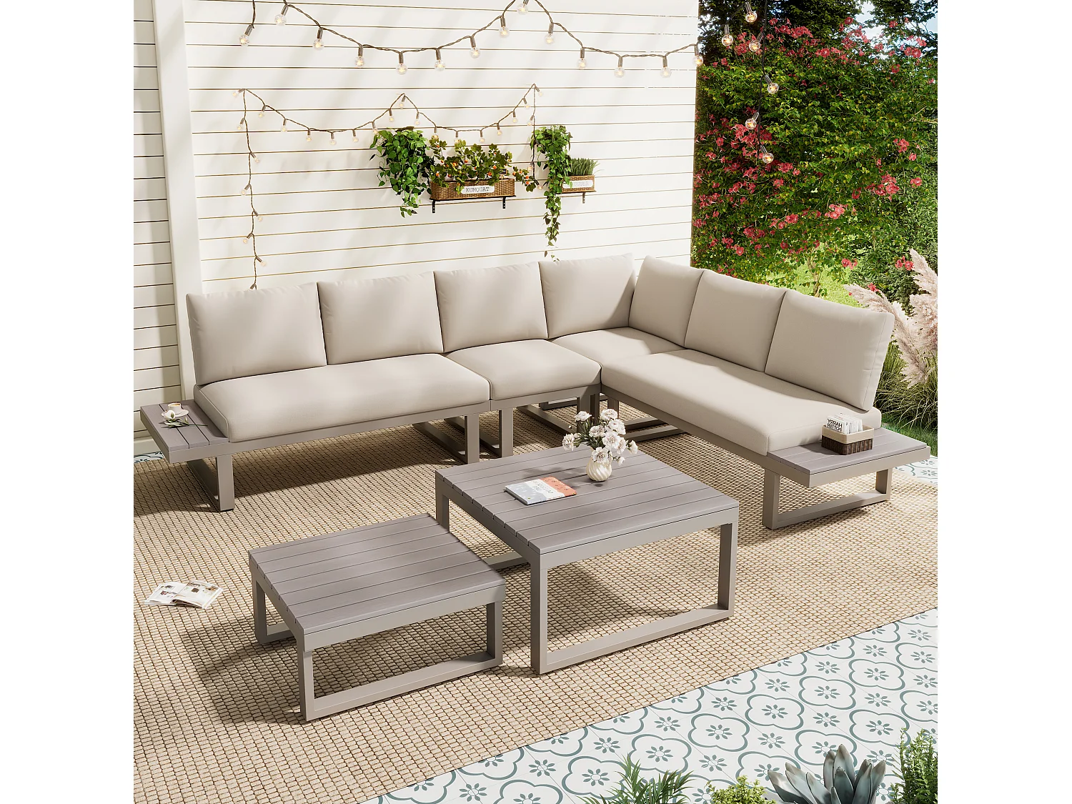 Ensemble de mobilier de jardin - 252 x 195 x 76 cm - avec canapé inclinable + 2 tables basses - Polyester + métal - kaki
