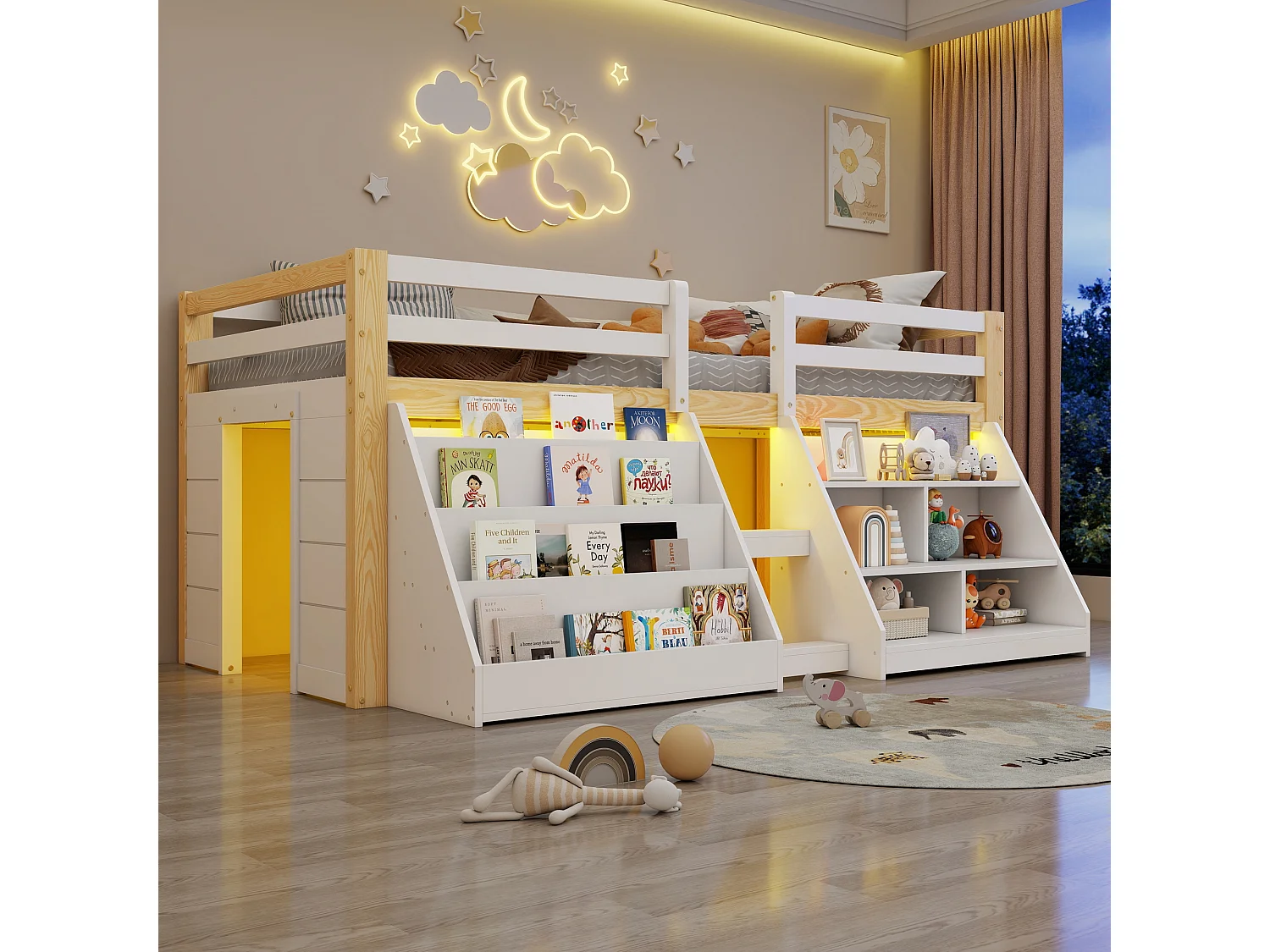 Lit mi-hauteur pour enfant - 90 x 200 cm - multiples rangements + échelle + Leds - pin - naturel + blanc