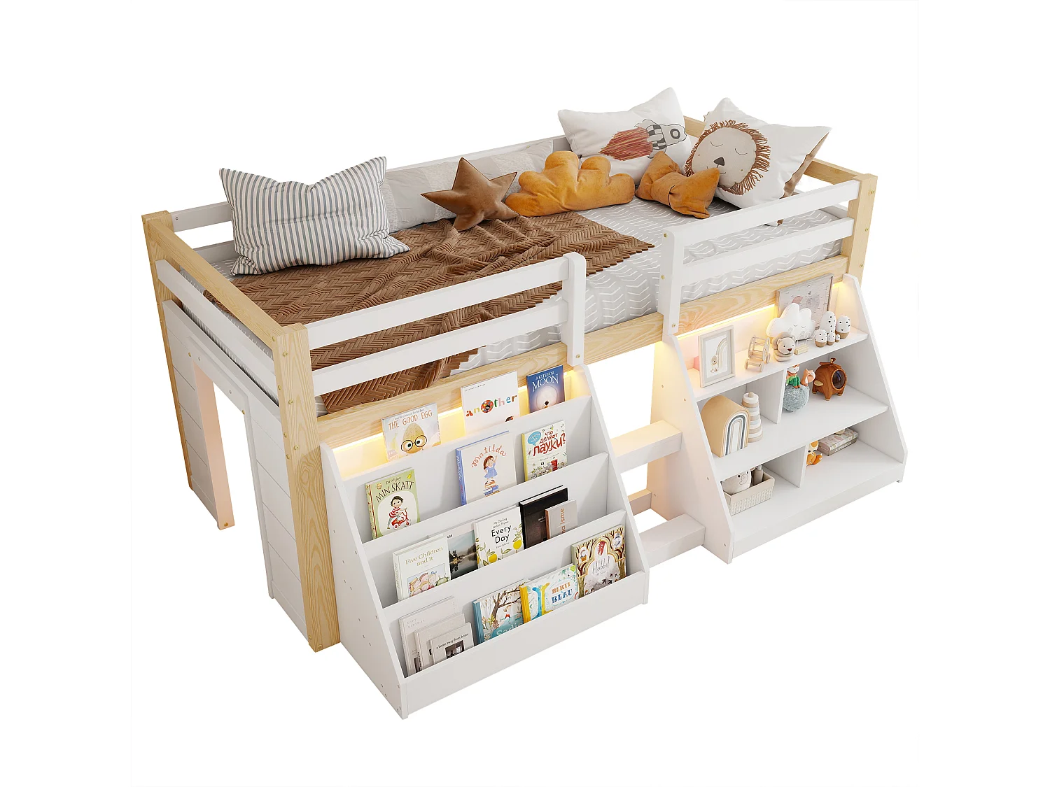 Lit mi-hauteur pour enfant - 90 x 200 cm - multiples rangements + échelle + Leds - pin - naturel + blanc