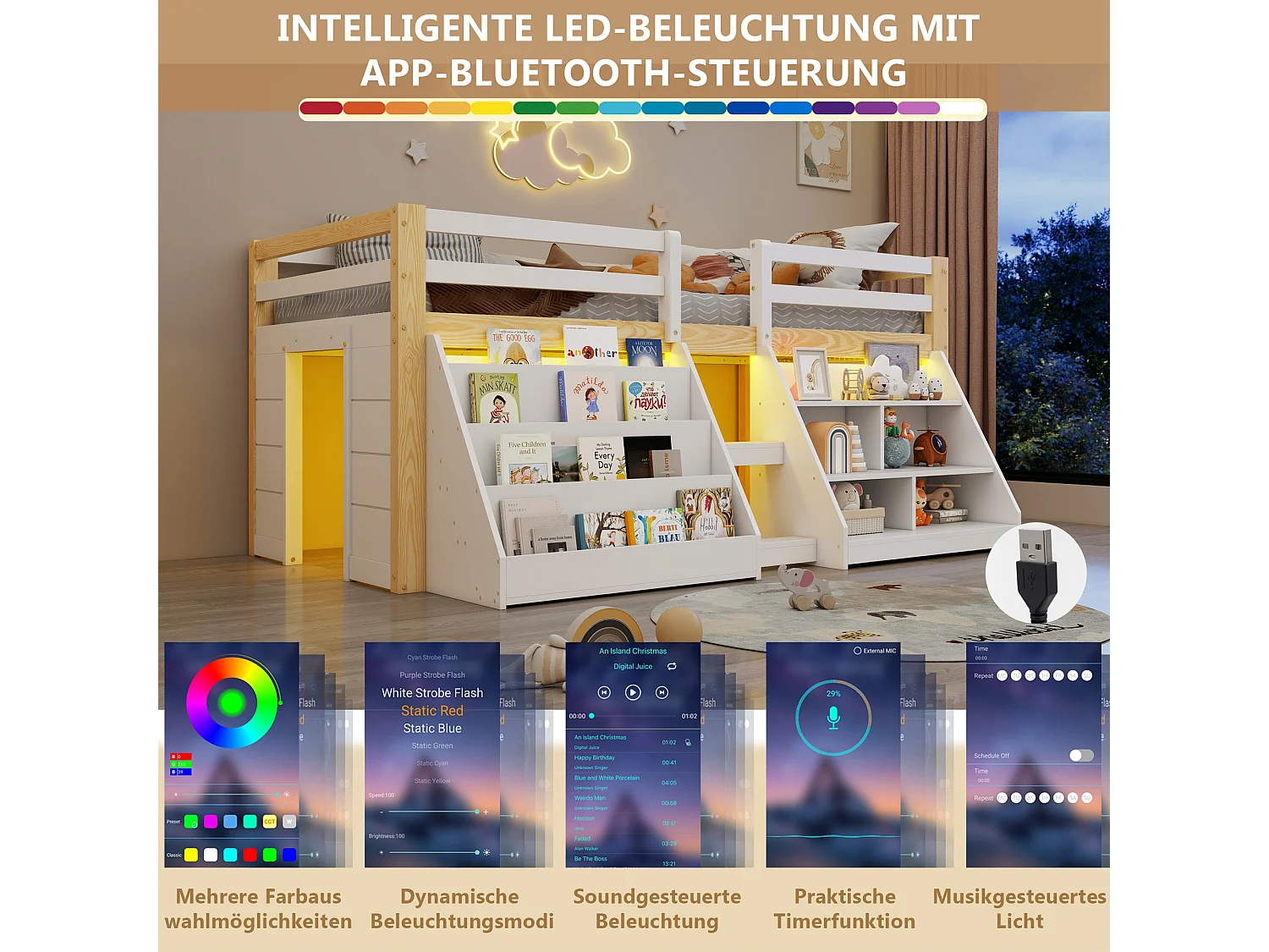 Lit mi-hauteur pour enfant - 90 x 200 cm - multiples rangements + échelle + Leds - pin - naturel + blanc