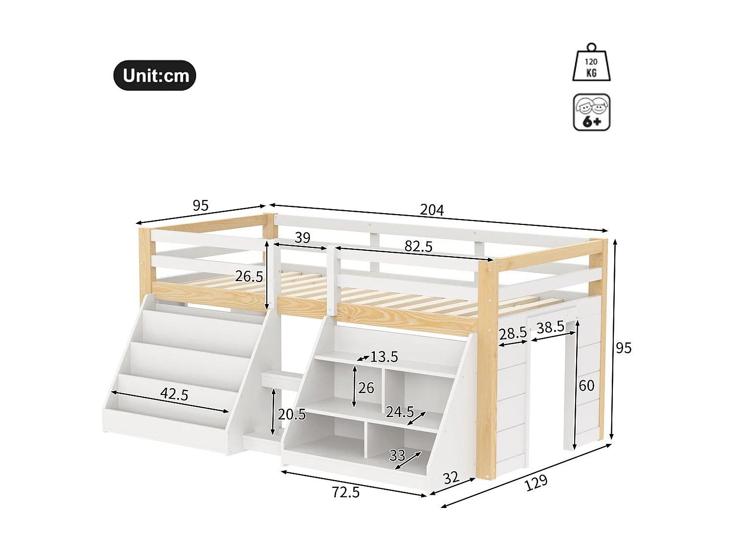 Lit mi-hauteur pour enfant - 90 x 200 cm - multiples rangements + échelle + Leds - pin - naturel + blanc