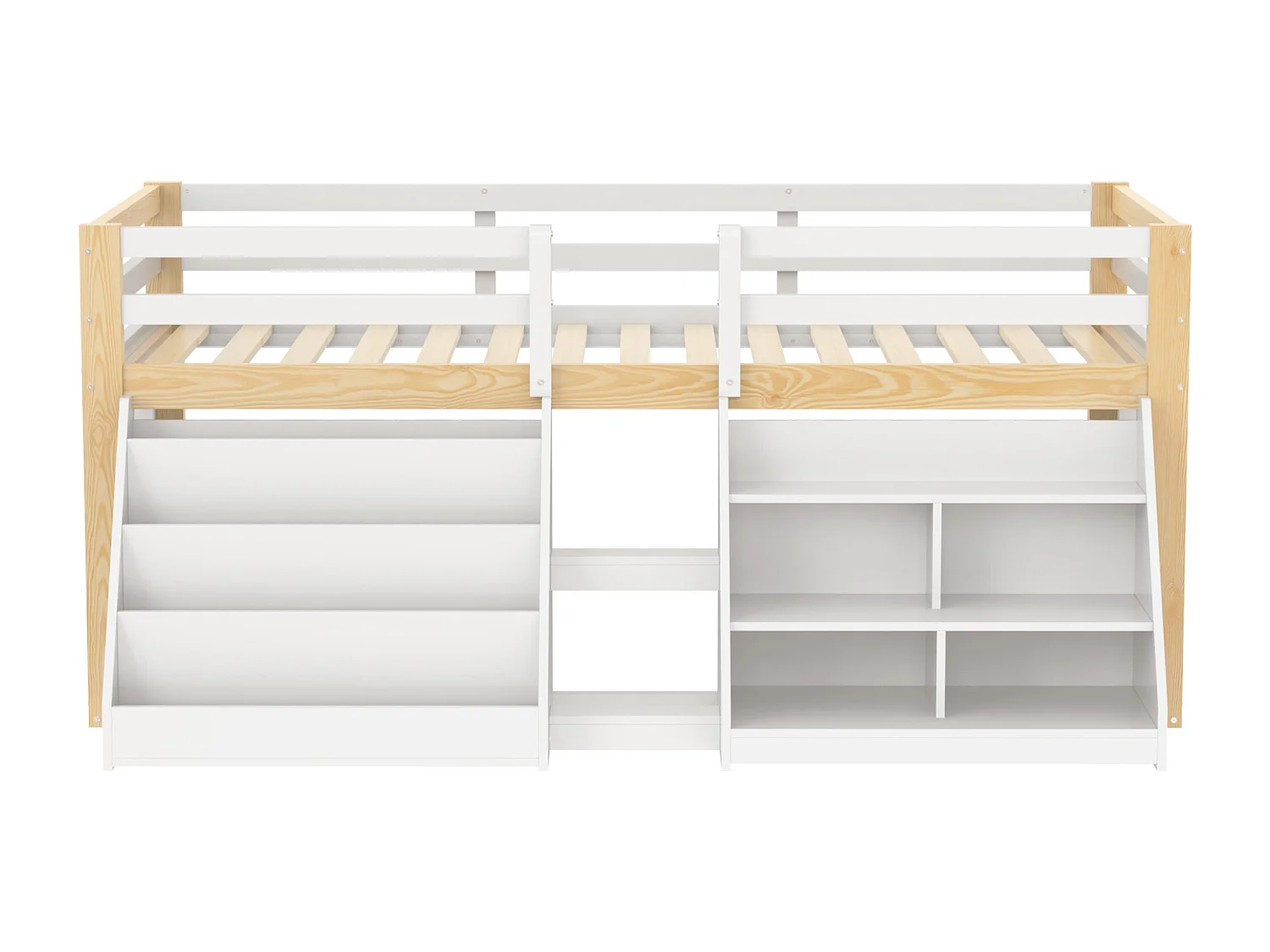 Lit mi-hauteur pour enfant - 90 x 200 cm - multiples rangements + échelle + Leds - pin - naturel + blanc