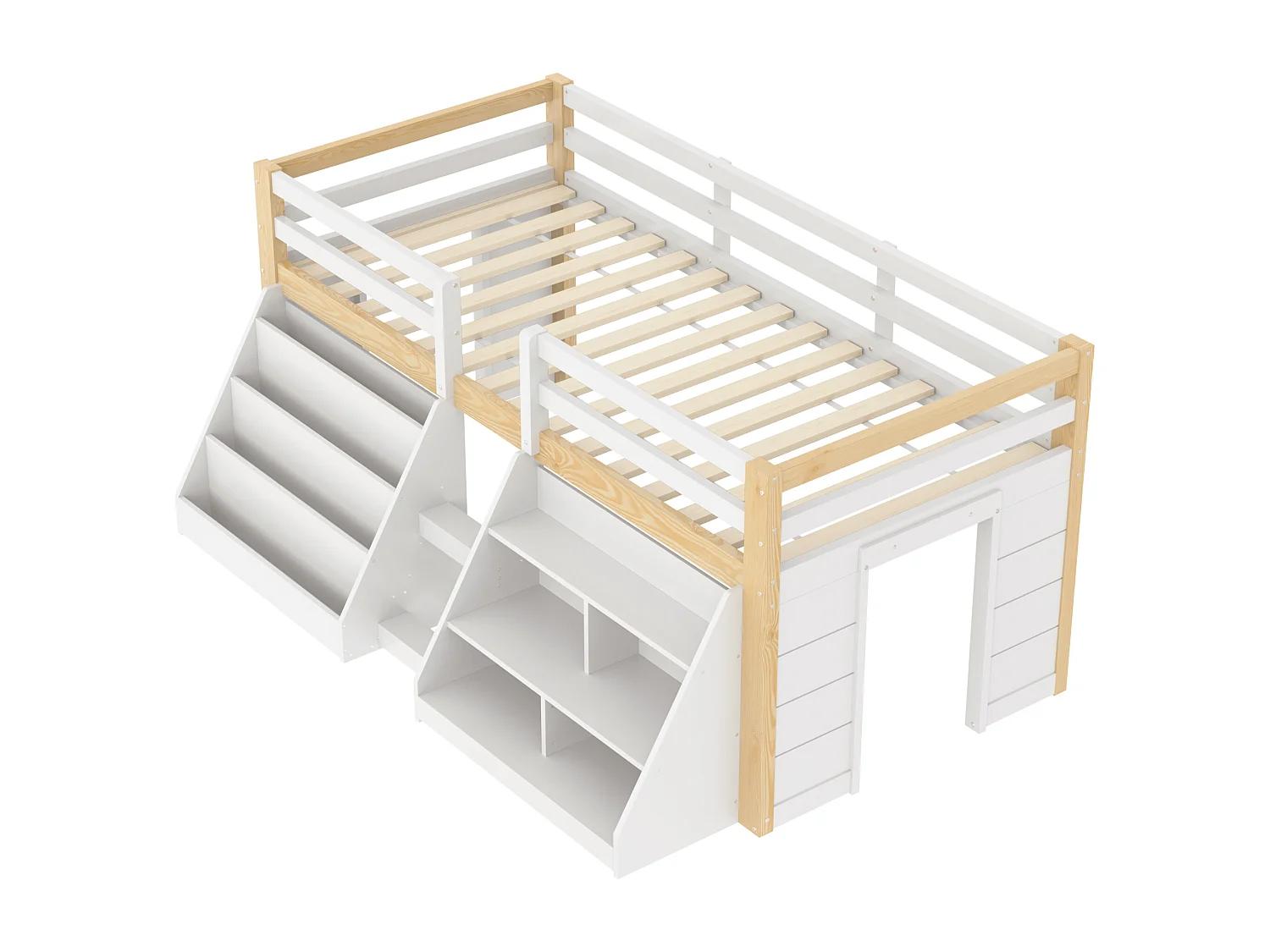 Lit mi-hauteur pour enfant - 90 x 200 cm - multiples rangements + échelle + Leds - pin - naturel + blanc