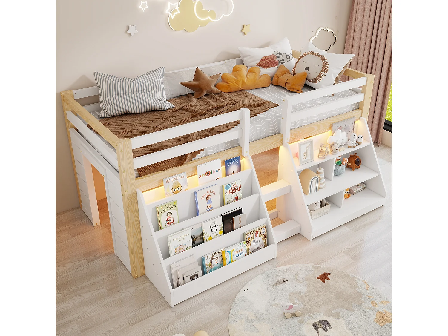 Halfhoog kinderbed - 90 x 200 cm - meerdere opbergvakken + ladder + LED-verlichting - grenen - naturel + wit
