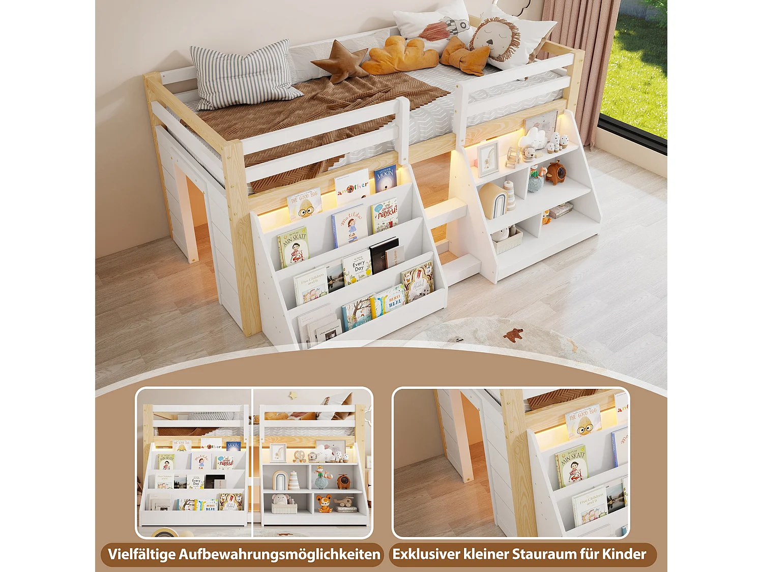 Halfhoog kinderbed - 90 x 200 cm - meerdere opbergvakken + ladder + LED-verlichting - grenen - naturel + wit