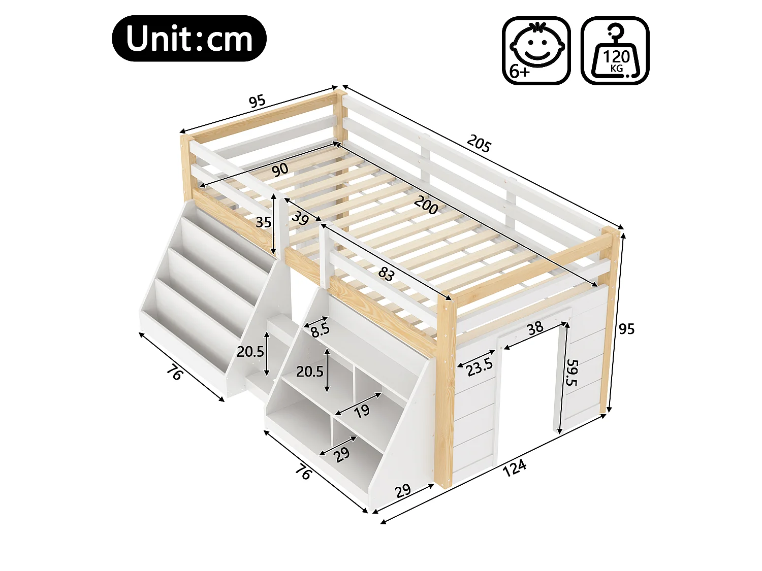 Halfhoog kinderbed - 90 x 200 cm - meerdere opbergvakken + ladder + LED-verlichting - grenen - naturel + wit