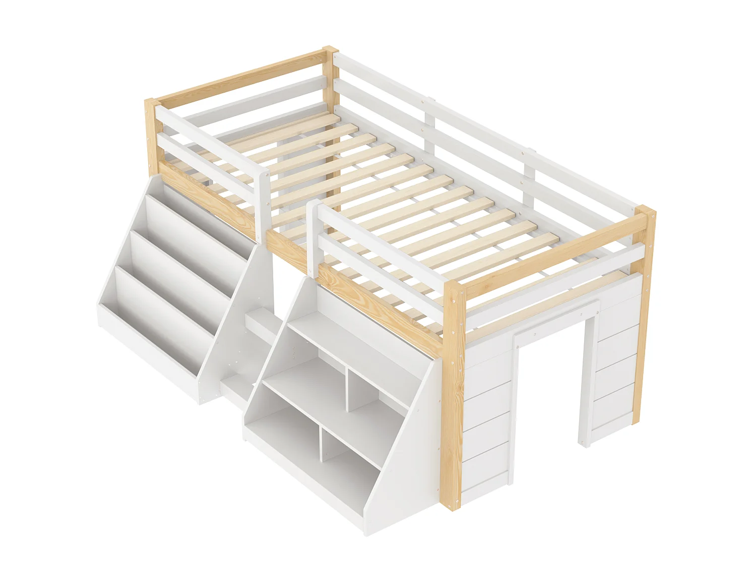 Halfhoog kinderbed - 90 x 200 cm - meerdere opbergvakken + ladder + LED-verlichting - grenen - naturel + wit