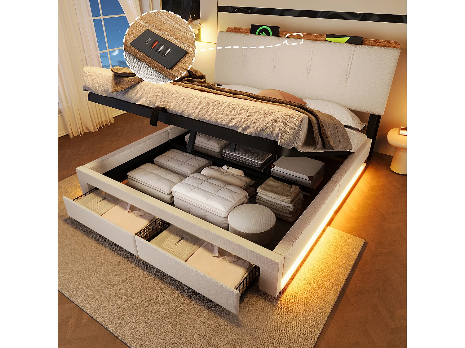 Lit coffre capitonné - 140 x 200 cm - suspension hydraulique - ave USB + Leds + 2 tiroirs + tête de lit - lin - beige