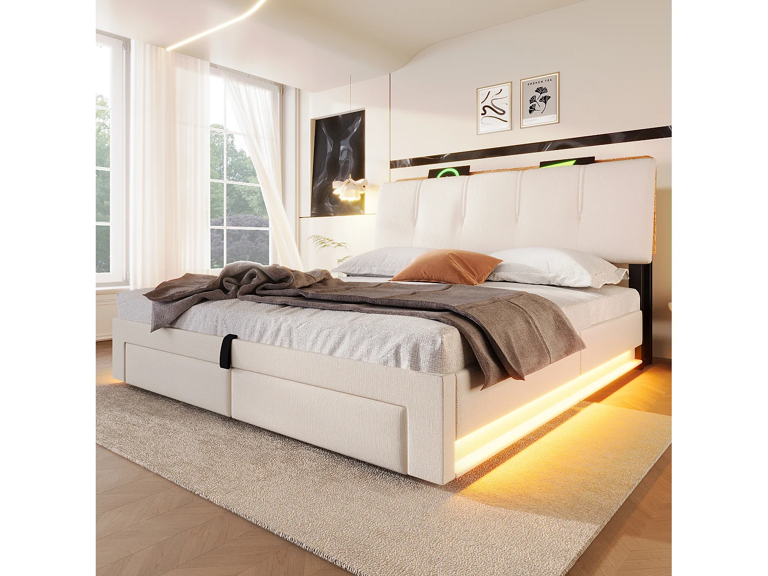 Lit coffre capitonné - 140 x 200 cm - suspension hydraulique - ave USB + Leds + 2 tiroirs + tête de lit - lin - beige