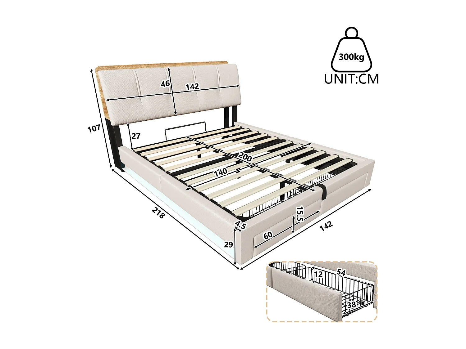 Lit coffre capitonné - 140 x 200 cm - suspension hydraulique - ave USB + Leds + 2 tiroirs + tête de lit - lin - beige