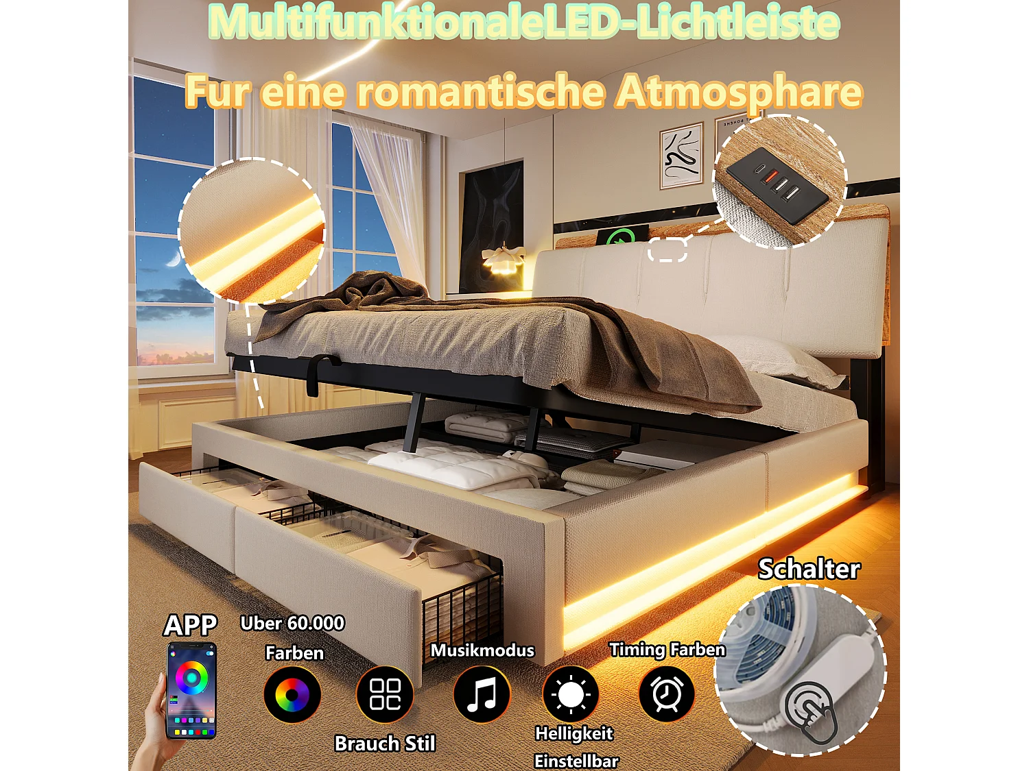 Lit coffre capitonné - 140 x 200 cm - suspension hydraulique - ave USB + Leds + 2 tiroirs + tête de lit - lin - beige