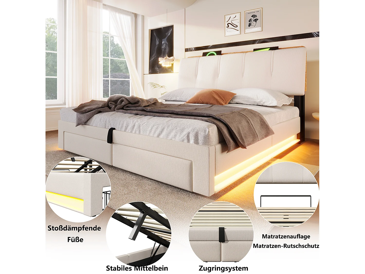 Lit coffre capitonné - 140 x 200 cm - suspension hydraulique - ave USB + Leds + 2 tiroirs + tête de lit - lin - beige