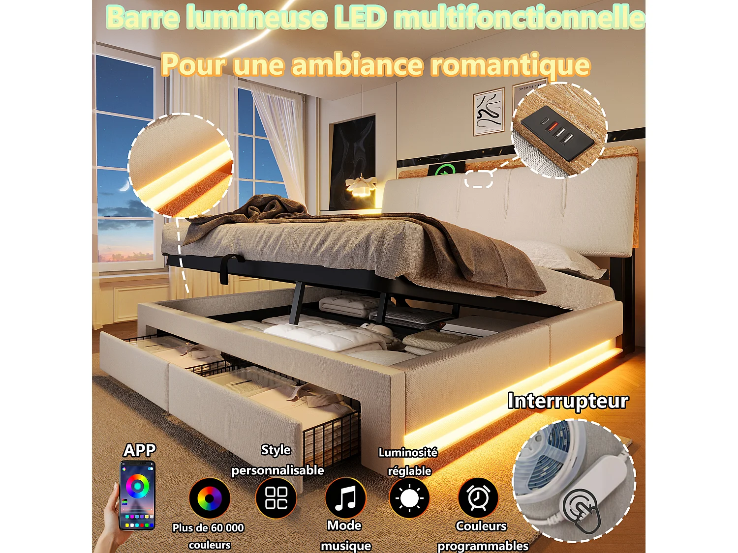 Lit coffre capitonné - 140 x 200 cm - suspension hydraulique - ave USB + Leds + 2 tiroirs + tête de lit - lin - beige