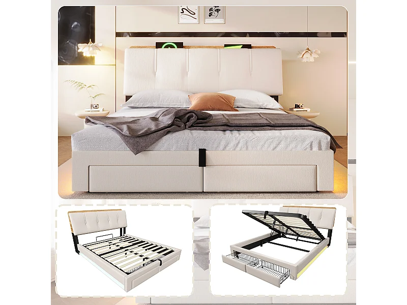 Lit coffre capitonné - 140 x 200 cm - suspension hydraulique - ave USB + Leds + 2 tiroirs + tête de lit - lin - beige