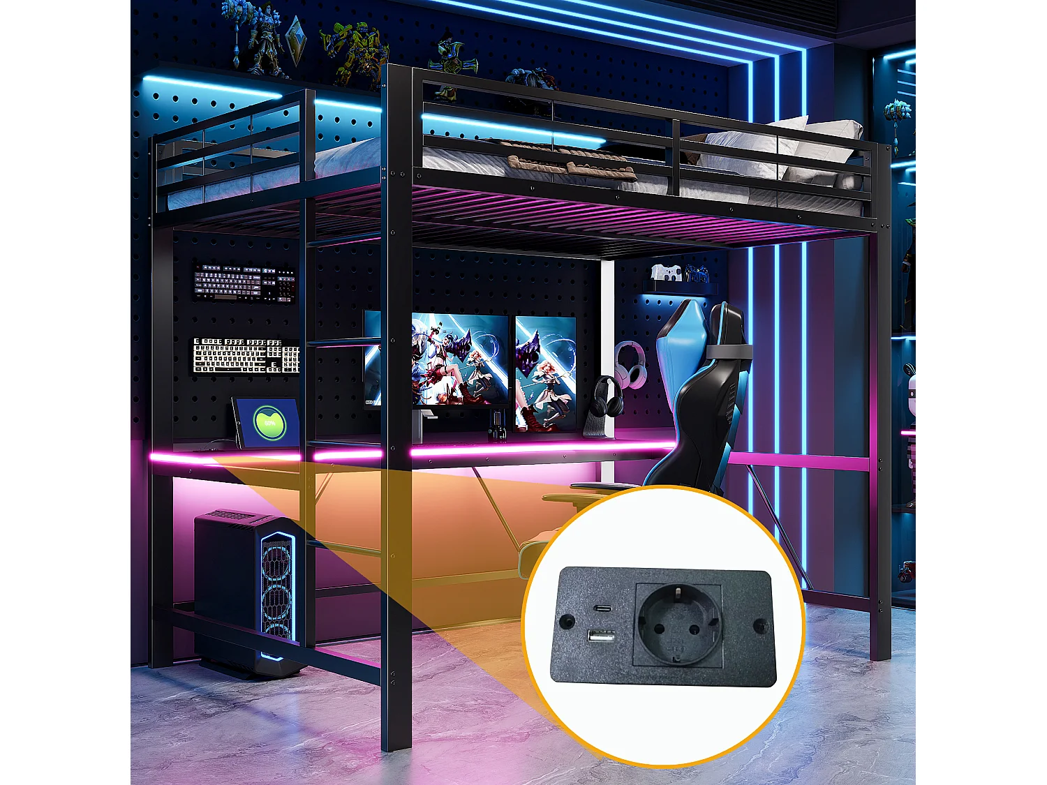 Lit mezzanine gaming en métal pour enfant - 140 x 200 cm - avec Leds + USB + bureau - noir