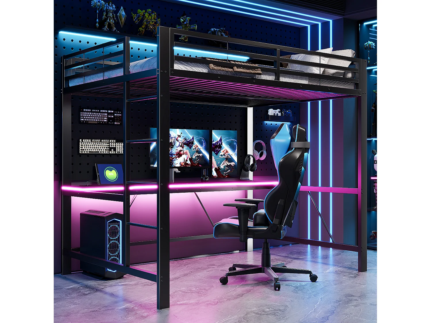 Lit mezzanine gaming en métal pour enfant - 140 x 200 cm - avec Leds + USB + bureau - noir