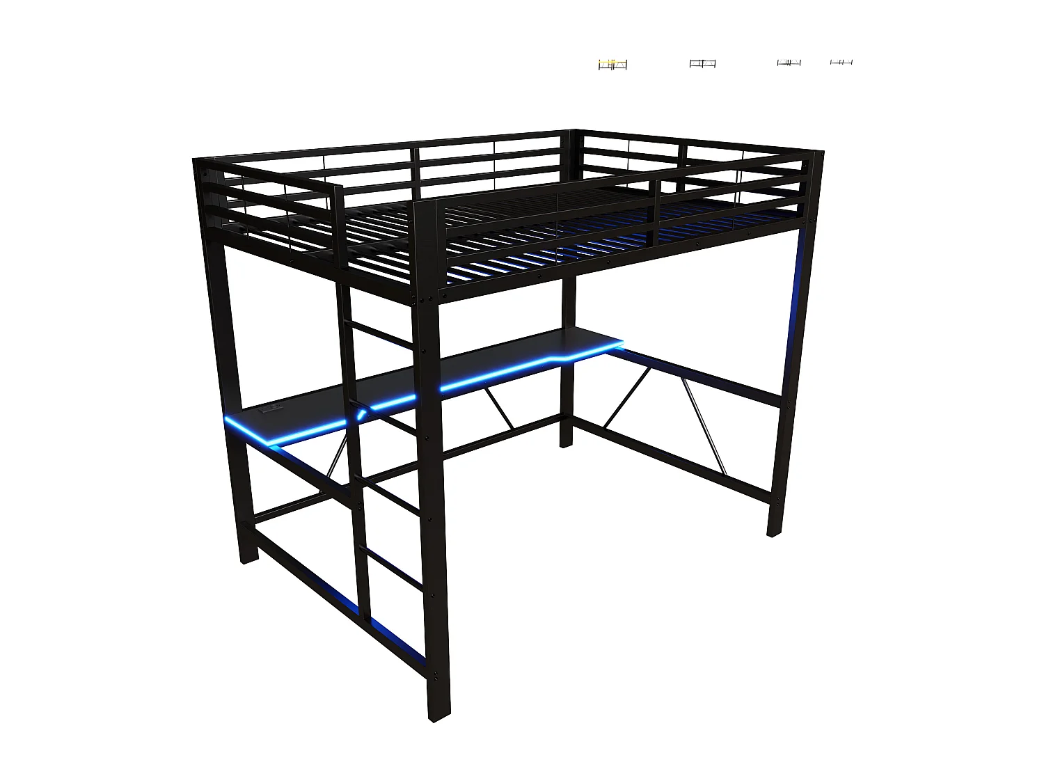 Lit mezzanine gaming en métal pour enfant - 140 x 200 cm - avec Leds + USB + bureau - noir