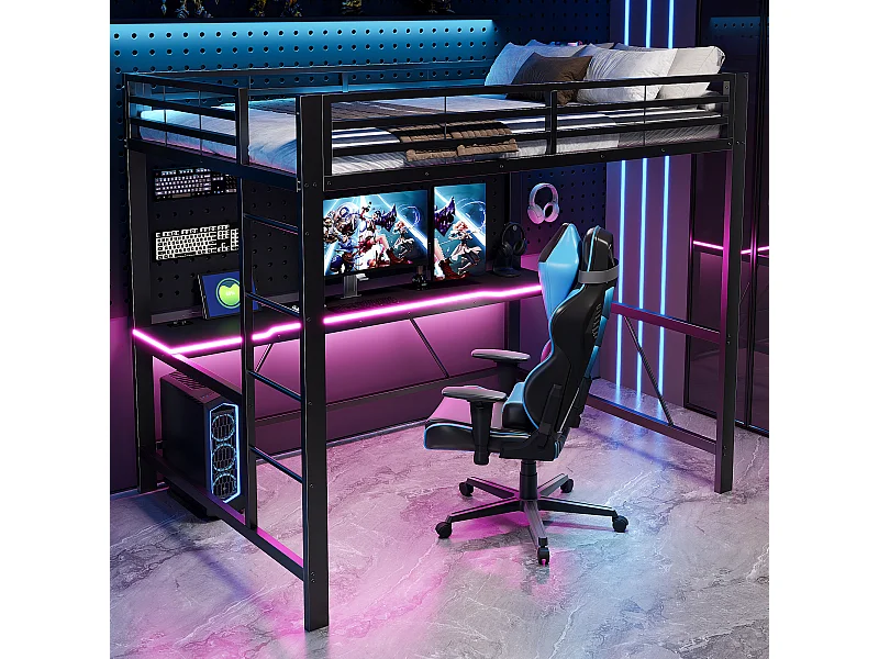 Lit mezzanine gaming en métal pour enfant - 140 x 200 cm - avec Leds + USB + bureau - noir