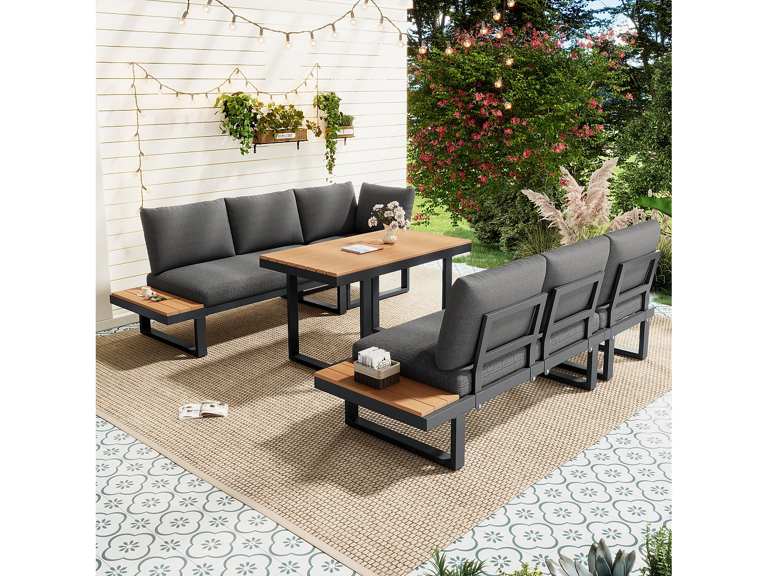 Conjunto de muebles de jardín - 195 x 195 x 76 cm - con sofá reclinable + mesas de centro - Poliéster + metal - negro + gris