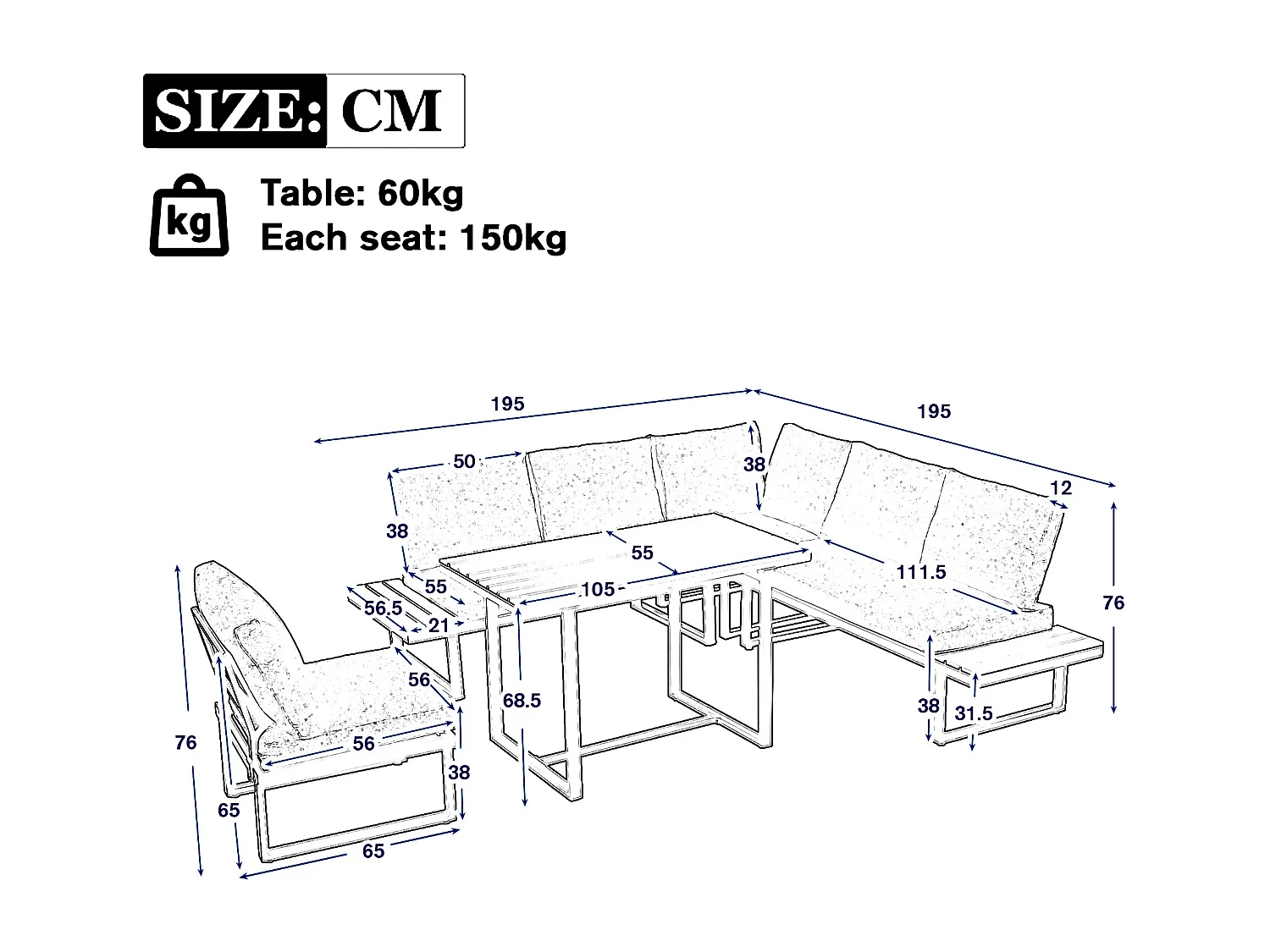Conjunto de muebles de jardín - 195 x 195 x 76 cm - con sofá reclinable + mesas de centro - Poliéster + metal - negro + gris